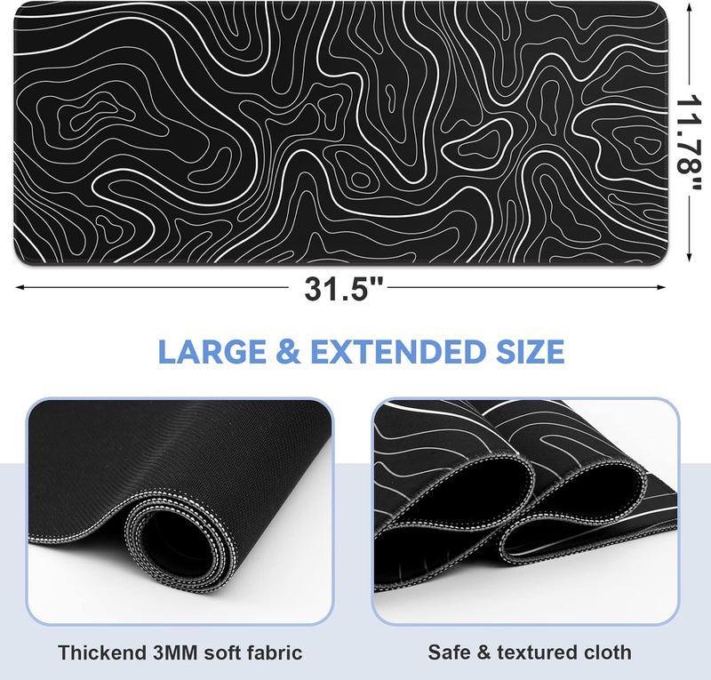 DIGSOM Mouse Pad Gaming Mousepad 31.5 x 11.8in Large Mouse Pad for Keyboard and Mouse with Anti-Slip Rubber Base, Keyboard Pad XL Mouse Mat for Home and Office（Black with White Topographic Line） - Image 2